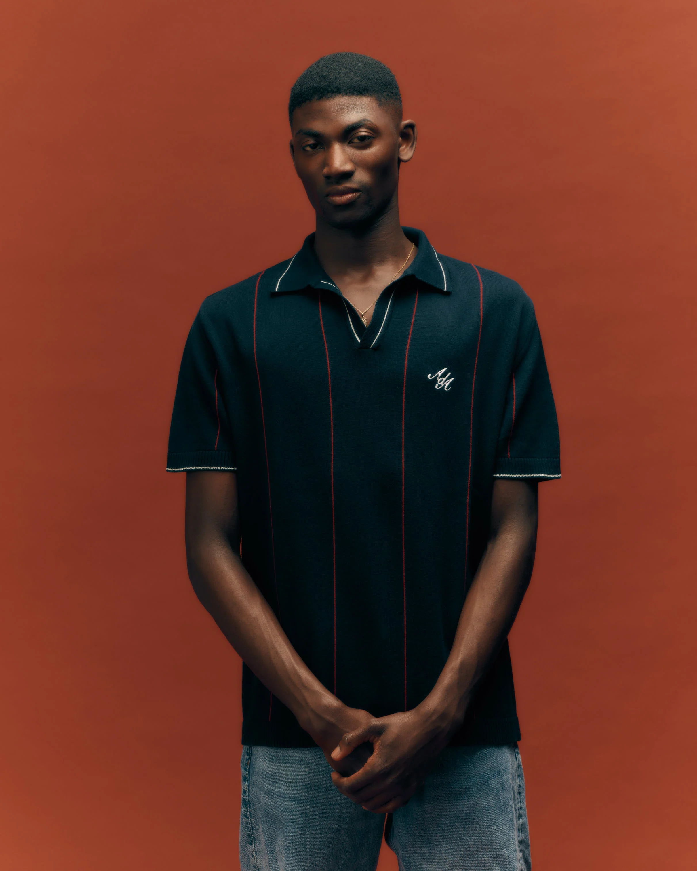 Alma De Ace Stripe Knit Navy Blue Polo Shirt - Image 3