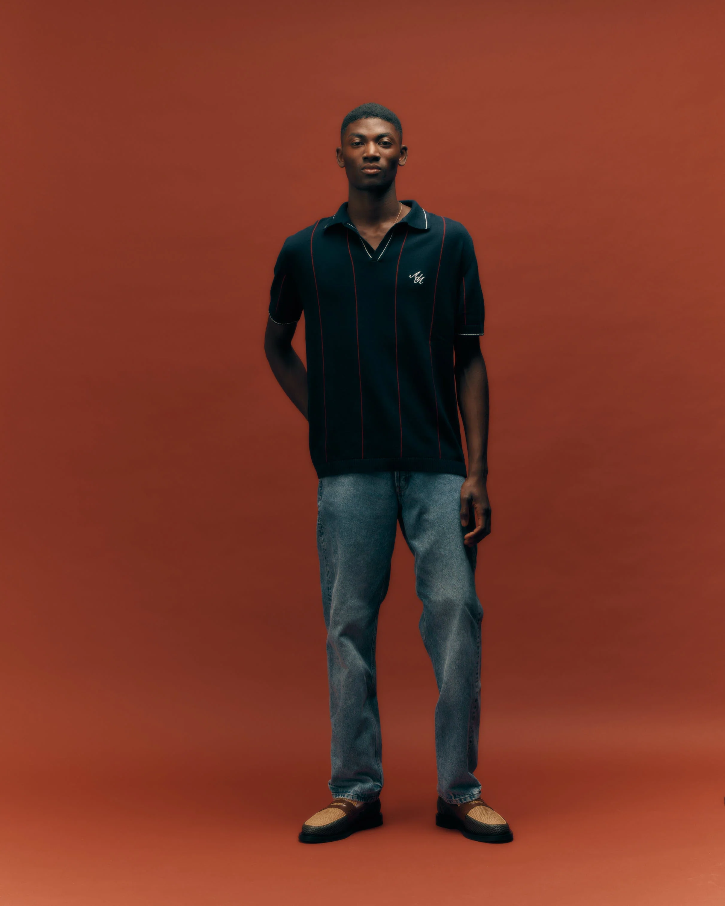 Alma De Ace Stripe Knit Navy Blue Polo Shirt - Image 4