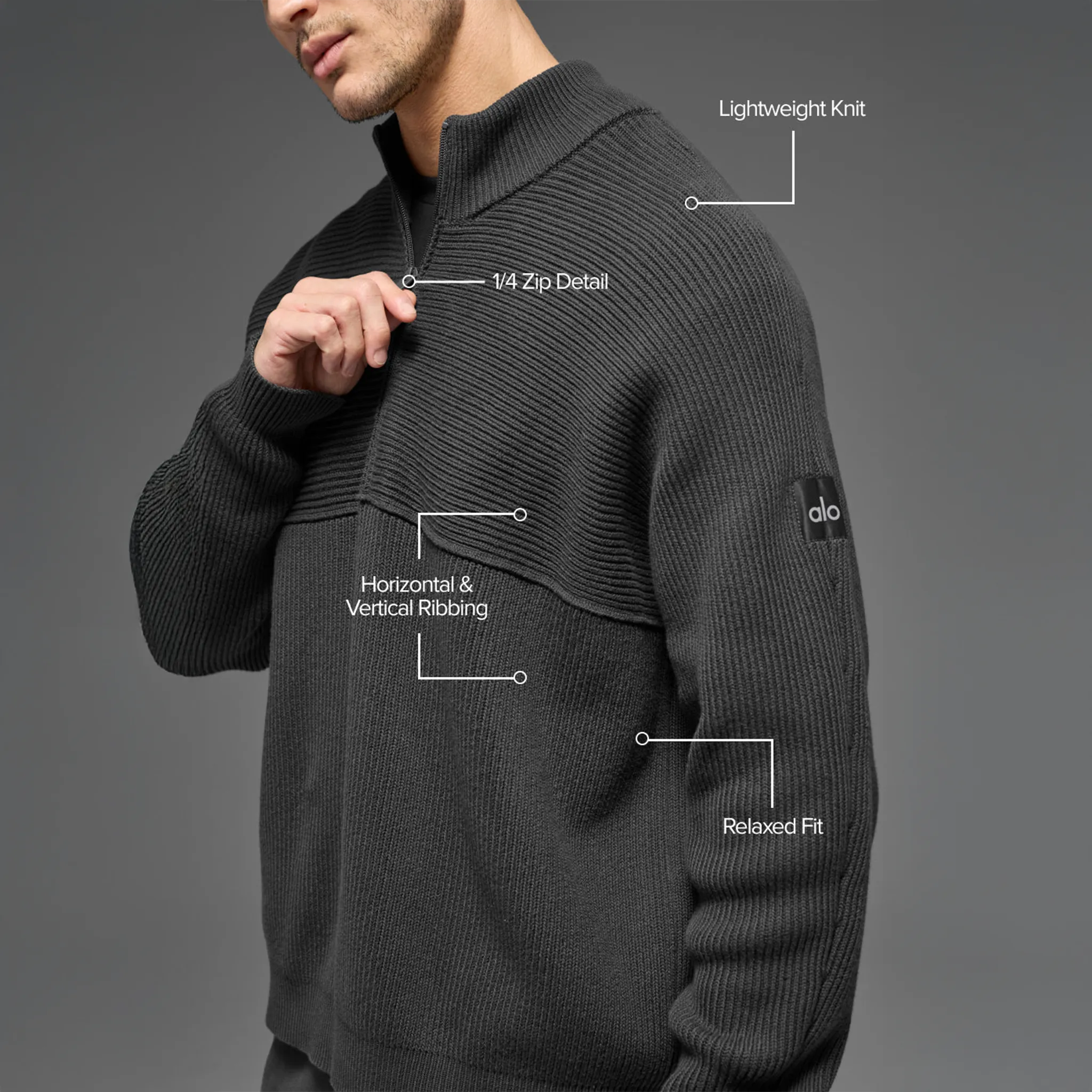 Alo Yoga Domain Shift Rib Knit 1/4 Zip Anthracite Sweatshirt - Image 5