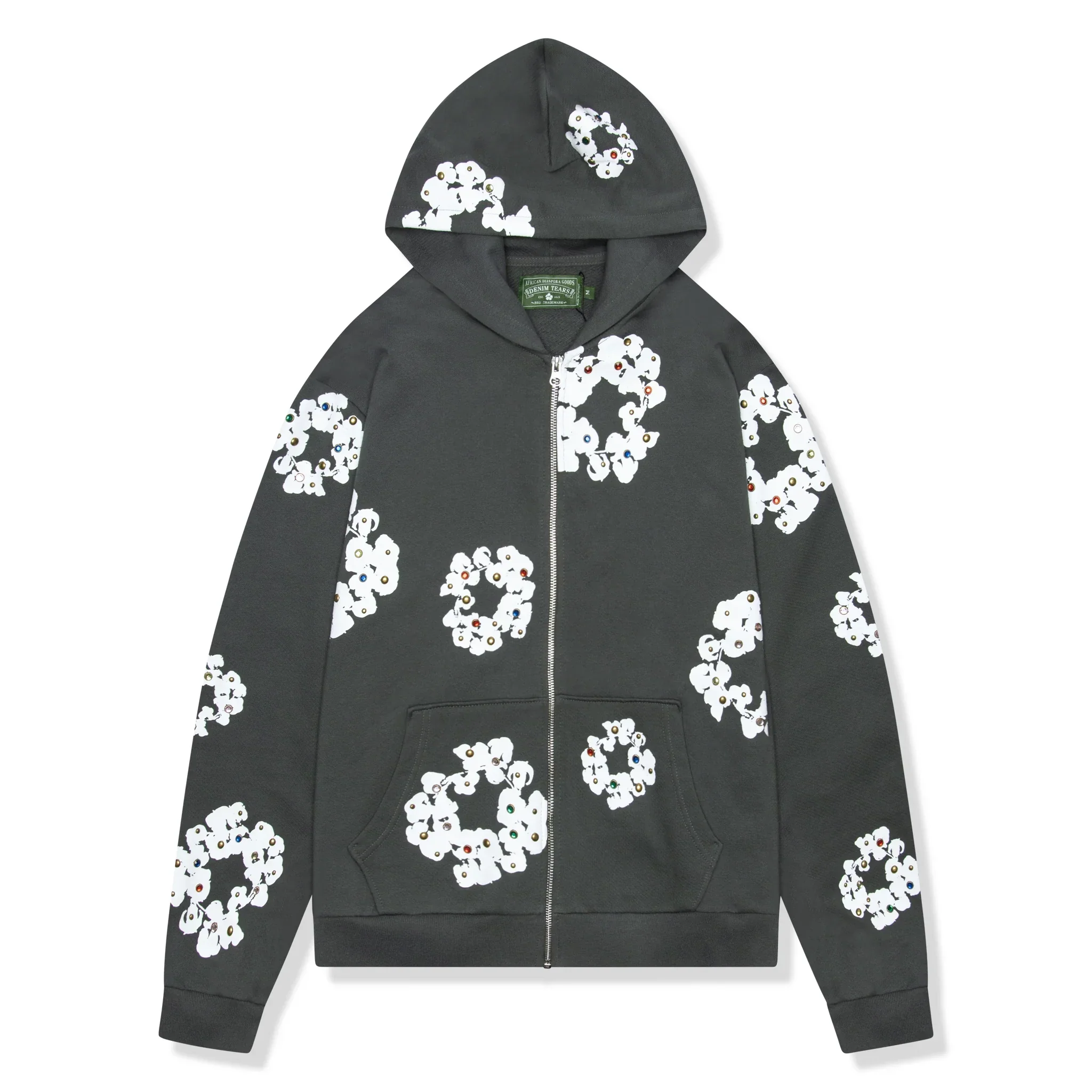 Denim Tears Rhinestone The Cotton Wreath Vintage Black Zip-Up Hoodie