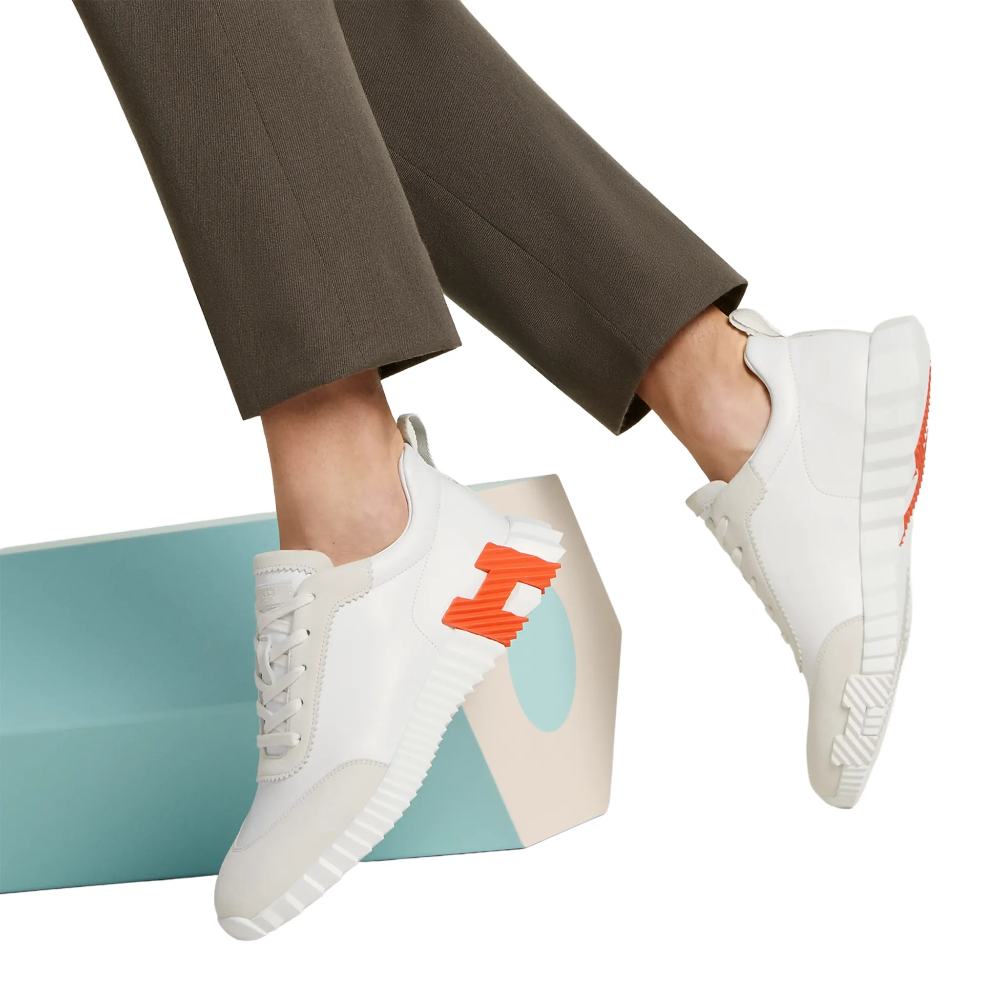 Hermès Paris Bouncing Calf Sneaker White Orange - Image 6