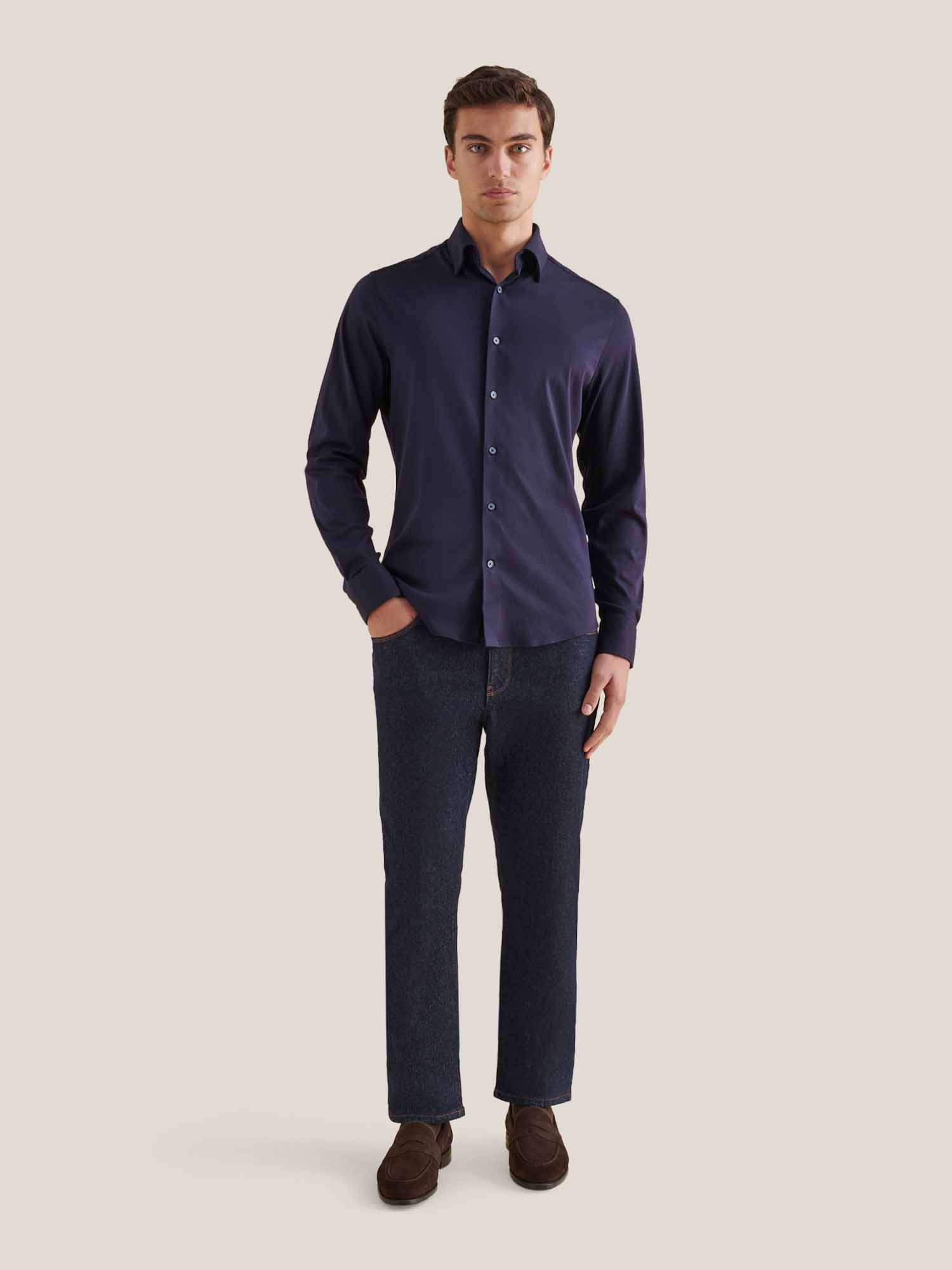 Peckham Rye Jersey Hidden-Button Dark Sapphire Navy Shirt - Image 3